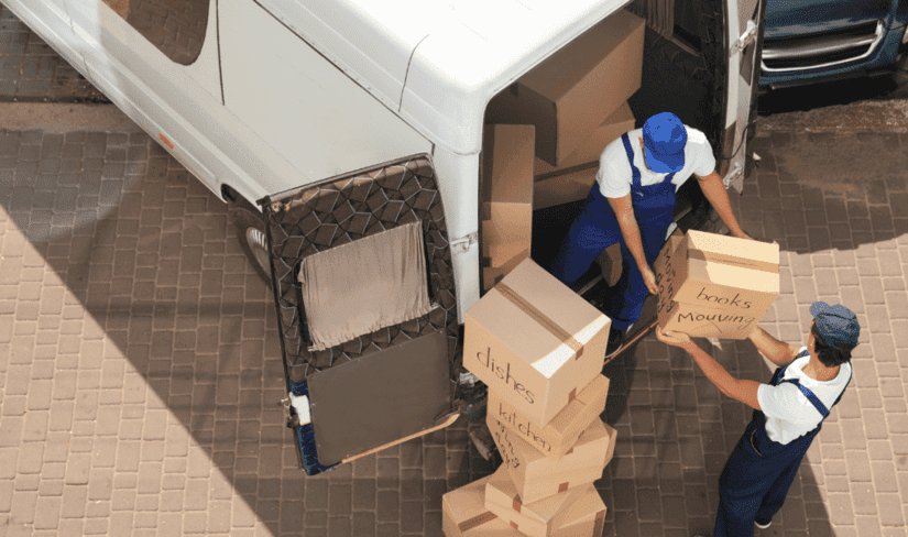 Mudanzas Mediterráneo hombres descargando cajas de camión